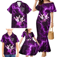 Bowling Ball and Pins Family Matching Mermaid Dress and Hawaiian Shirt Purple Lightning Background and Custom Name Design - Wonder Print Shop