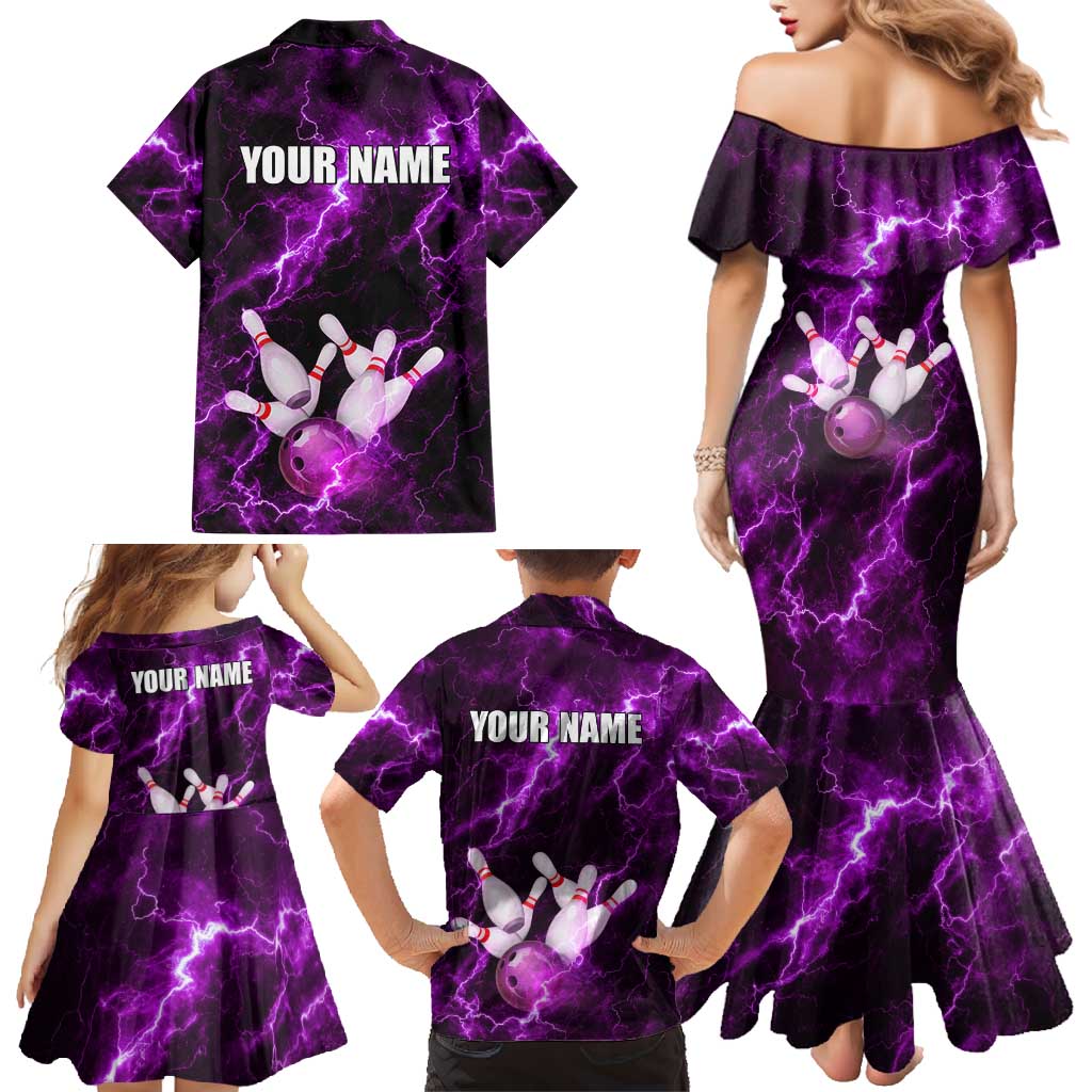 Bowling Ball and Pins Family Matching Mermaid Dress and Hawaiian Shirt Purple Lightning Background and Custom Name Design - Wonder Print Shop