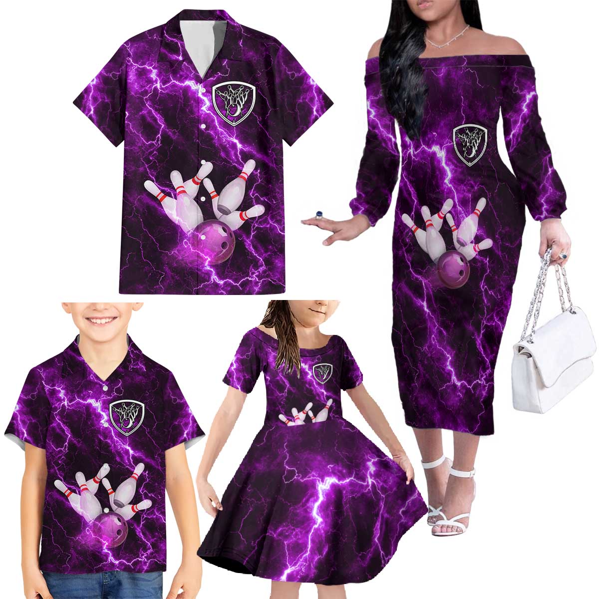 Bowling Ball and Pins Family Matching Off The Shoulder Long Sleeve Dress and Hawaiian Shirt Purple Lightning Background and Custom Name Design - Wonder Print Shop