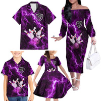 Bowling Ball and Pins Family Matching Off The Shoulder Long Sleeve Dress and Hawaiian Shirt Purple Lightning Background and Custom Name Design - Wonder Print Shop