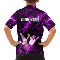 Bowling Ball and Pins Family Matching Off Shoulder Maxi Dress and Hawaiian Shirt Purple Lightning Background and Custom Name Design - Wonder Print Shop