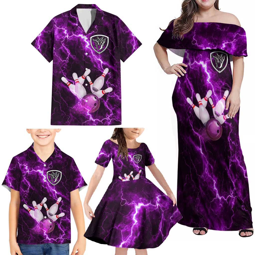 Bowling Ball and Pins Family Matching Off Shoulder Maxi Dress and Hawaiian Shirt Purple Lightning Background and Custom Name Design - Wonder Print Shop