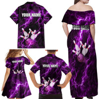 Bowling Ball and Pins Family Matching Off Shoulder Maxi Dress and Hawaiian Shirt Purple Lightning Background and Custom Name Design - Wonder Print Shop