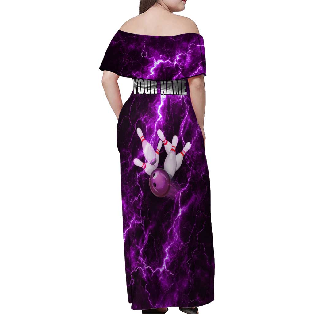 Bowling Ball and Pins Family Matching Off Shoulder Maxi Dress and Hawaiian Shirt Purple Lightning Background and Custom Name Design - Wonder Print Shop