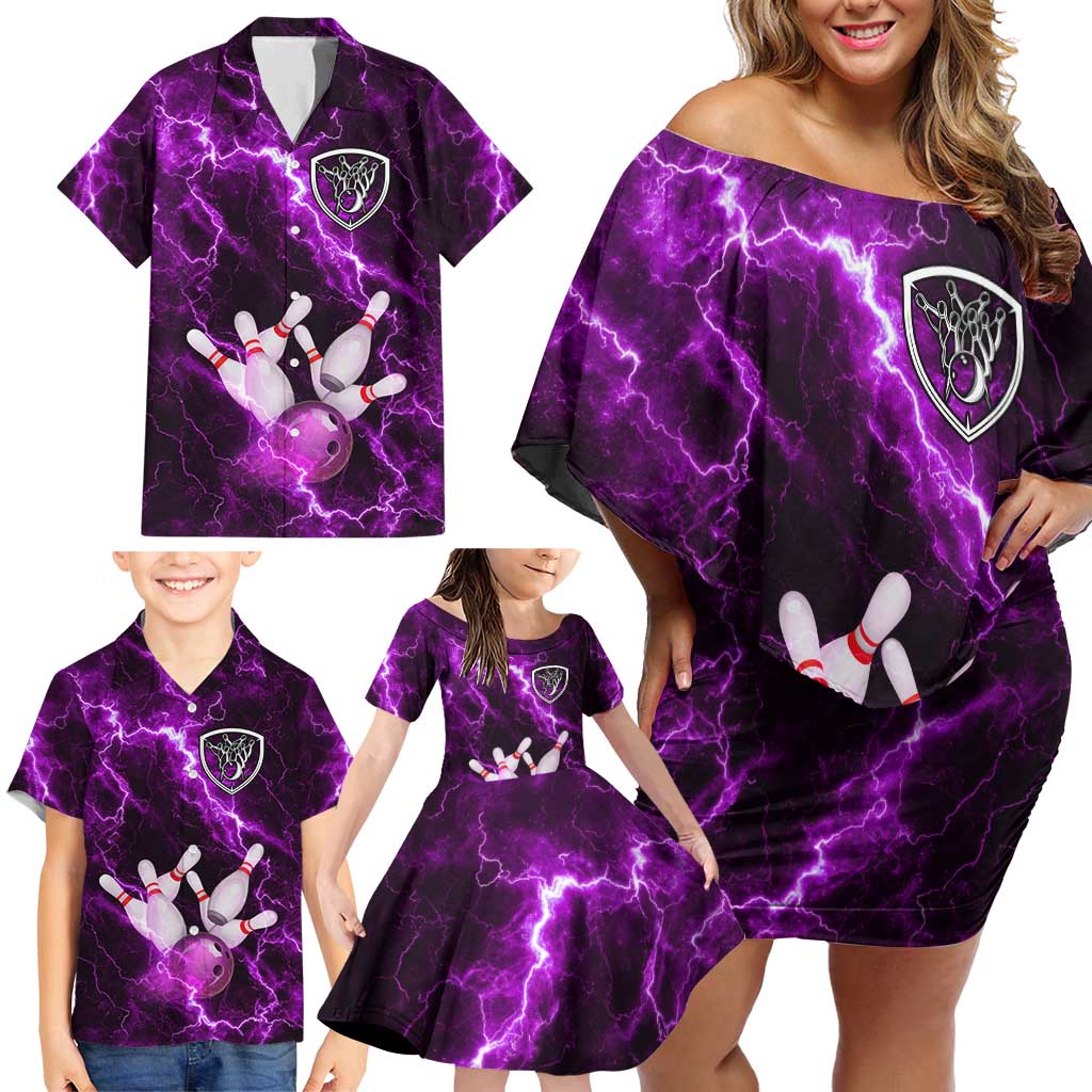 Bowling Ball and Pins Family Matching Off Shoulder Short Dress and Hawaiian Shirt Purple Lightning Background and Custom Name Design - Wonder Print Shop