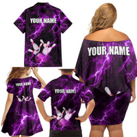 Bowling Ball and Pins Family Matching Off Shoulder Short Dress and Hawaiian Shirt Purple Lightning Background and Custom Name Design - Wonder Print Shop