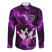 Bowling Ball and Pins Family Matching Off Shoulder Short Dress and Hawaiian Shirt Purple Lightning Background and Custom Name Design - Wonder Print Shop