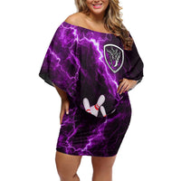 Bowling Ball and Pins Family Matching Off Shoulder Short Dress and Hawaiian Shirt Purple Lightning Background and Custom Name Design - Wonder Print Shop