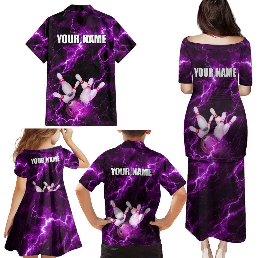 Bowling Ball and Pins Family Matching Puletasi and Hawaiian Shirt Purple Lightning Background and Custom Name Design - Wonder Print Shop