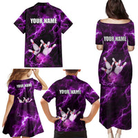Bowling Ball and Pins Family Matching Puletasi and Hawaiian Shirt Purple Lightning Background and Custom Name Design - Wonder Print Shop