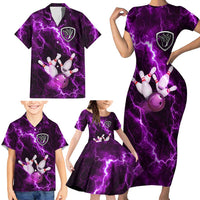 Bowling Ball and Pins Family Matching Short Sleeve Bodycon Dress and Hawaiian Shirt Purple Lightning Background and Custom Name Design - Wonder Print Shop