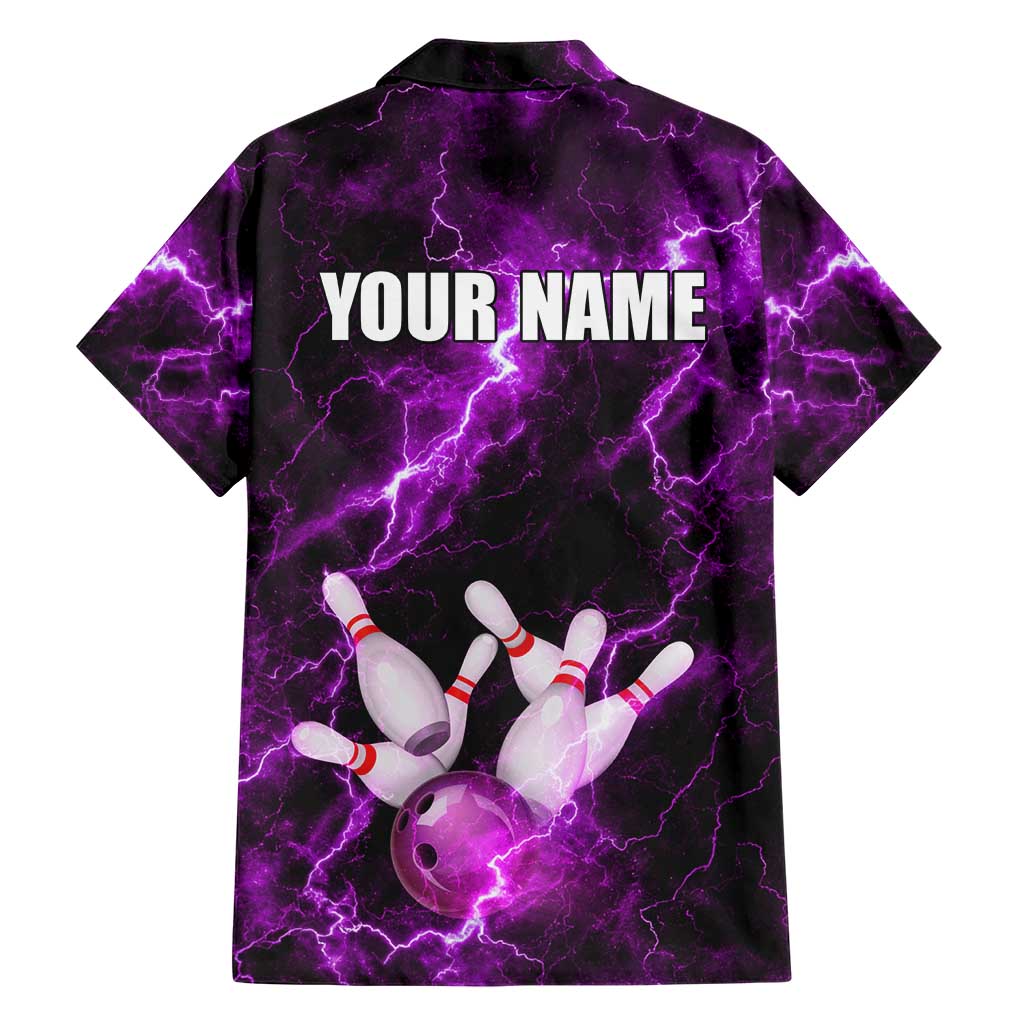 Bowling Ball and Pins Family Matching Short Sleeve Bodycon Dress and Hawaiian Shirt Purple Lightning Background and Custom Name Design - Wonder Print Shop