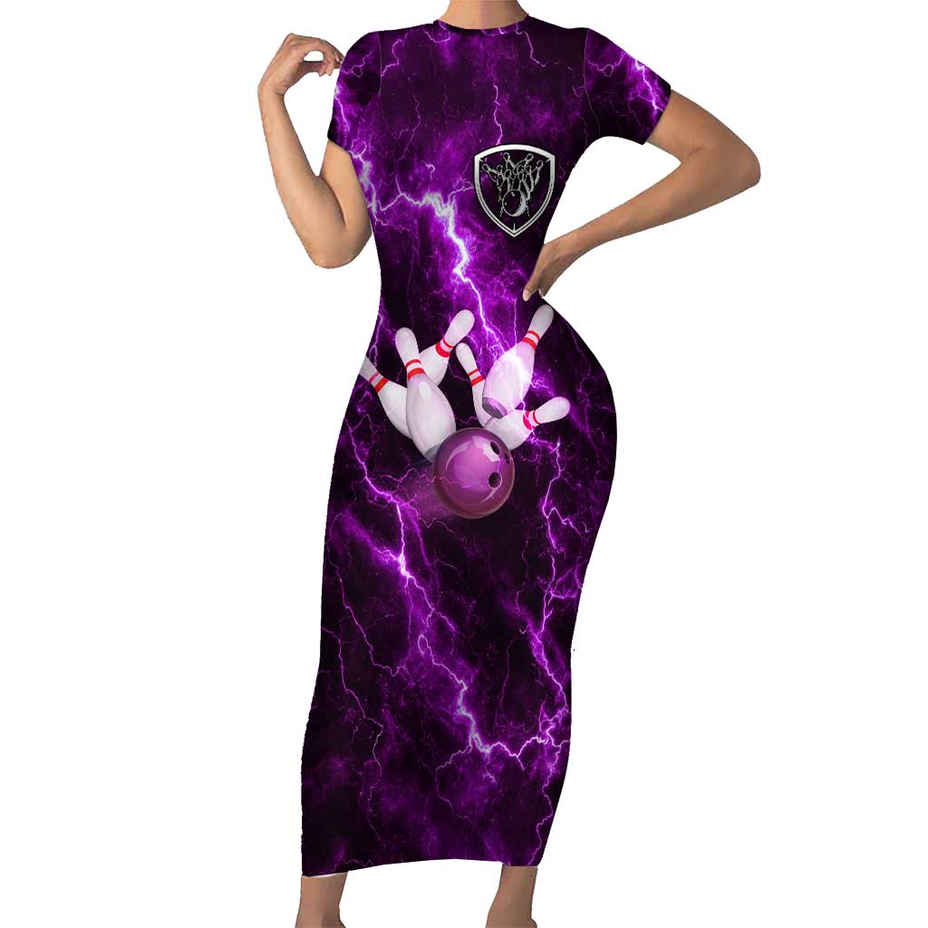 Bowling Ball and Pins Family Matching Short Sleeve Bodycon Dress and Hawaiian Shirt Purple Lightning Background and Custom Name Design - Wonder Print Shop