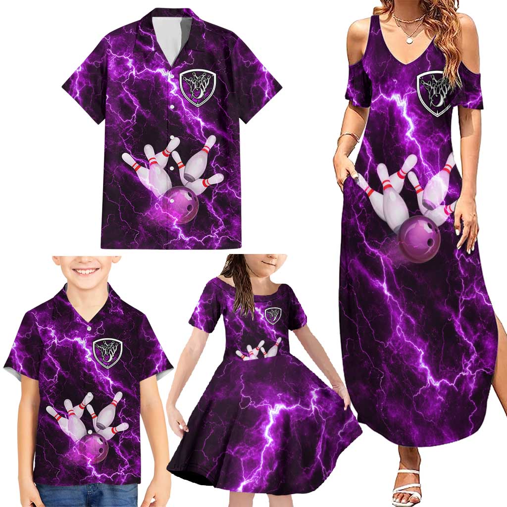 Bowling Ball and Pins Family Matching Summer Maxi Dress and Hawaiian Shirt Purple Lightning Background and Custom Name Design - Wonder Print Shop