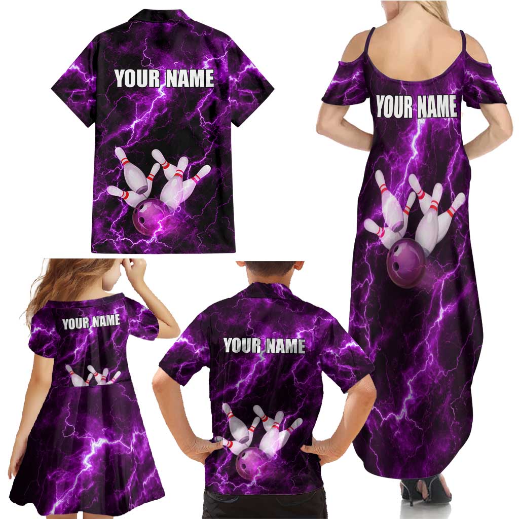 Bowling Ball and Pins Family Matching Summer Maxi Dress and Hawaiian Shirt Purple Lightning Background and Custom Name Design - Wonder Print Shop