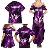 Bowling Ball and Pins Family Matching Summer Maxi Dress and Hawaiian Shirt Purple Lightning Background and Custom Name Design - Wonder Print Shop