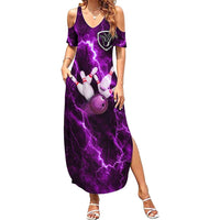 Bowling Ball and Pins Family Matching Summer Maxi Dress and Hawaiian Shirt Purple Lightning Background and Custom Name Design - Wonder Print Shop
