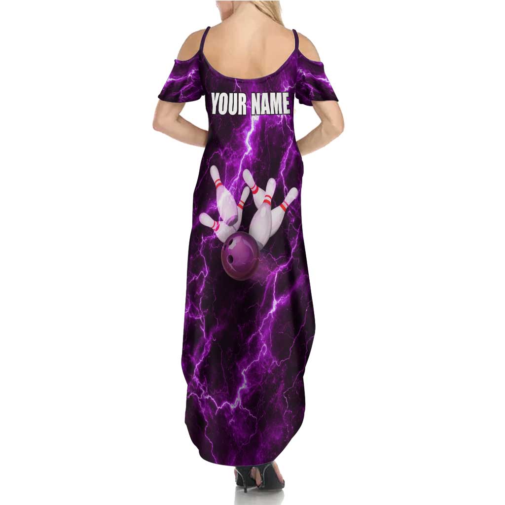 Bowling Ball and Pins Family Matching Summer Maxi Dress and Hawaiian Shirt Purple Lightning Background and Custom Name Design - Wonder Print Shop