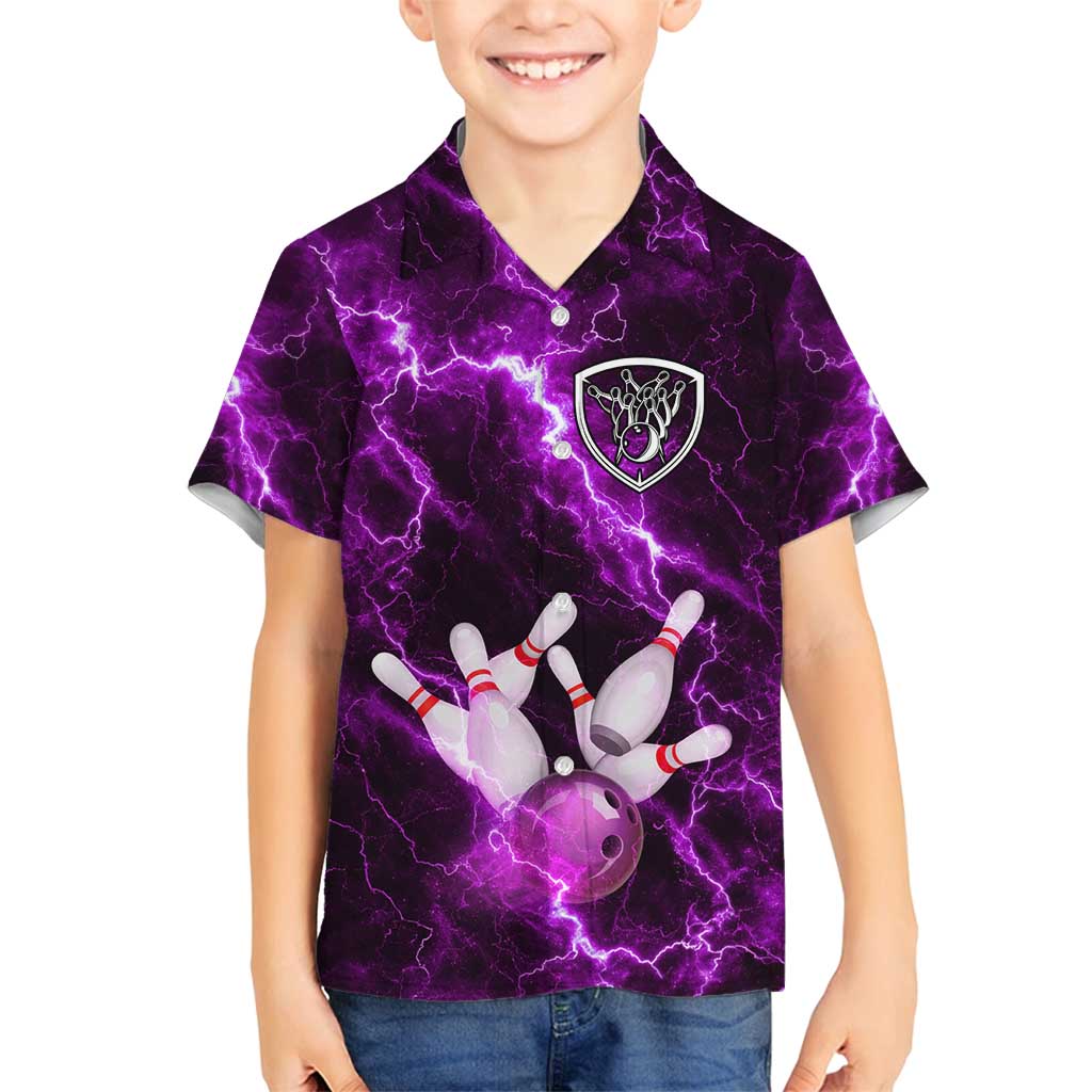 Bowling Ball and Pins Family Matching Summer Maxi Dress and Hawaiian Shirt Purple Lightning Background and Custom Name Design - Wonder Print Shop