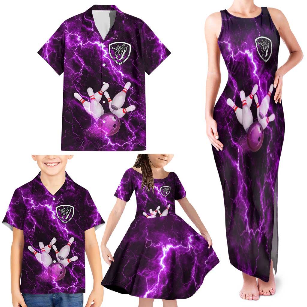 Bowling Ball and Pins Family Matching Tank Maxi Dress and Hawaiian Shirt Purple Lightning Background and Custom Name Design - Wonder Print Shop