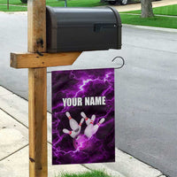 Bowling Ball and Pins Garden Flag Purple Lightning Background and Custom Name Design - Wonder Print Shop