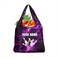 Bowling Ball and Pins Grocery Bag Purple Lightning Background and Custom Name Design - Wonder Print Shop