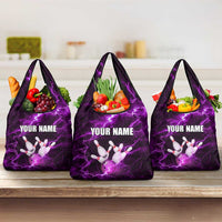Bowling Ball and Pins Grocery Bag Purple Lightning Background and Custom Name Design - Wonder Print Shop