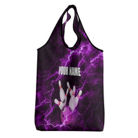 Bowling Ball and Pins Grocery Bag Purple Lightning Background and Custom Name Design - Wonder Print Shop