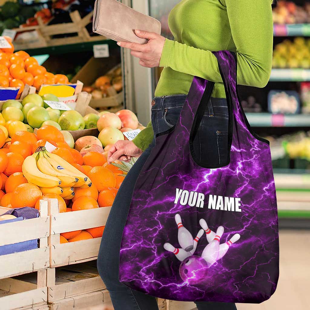 Bowling Ball and Pins Grocery Bag Purple Lightning Background and Custom Name Design - Wonder Print Shop