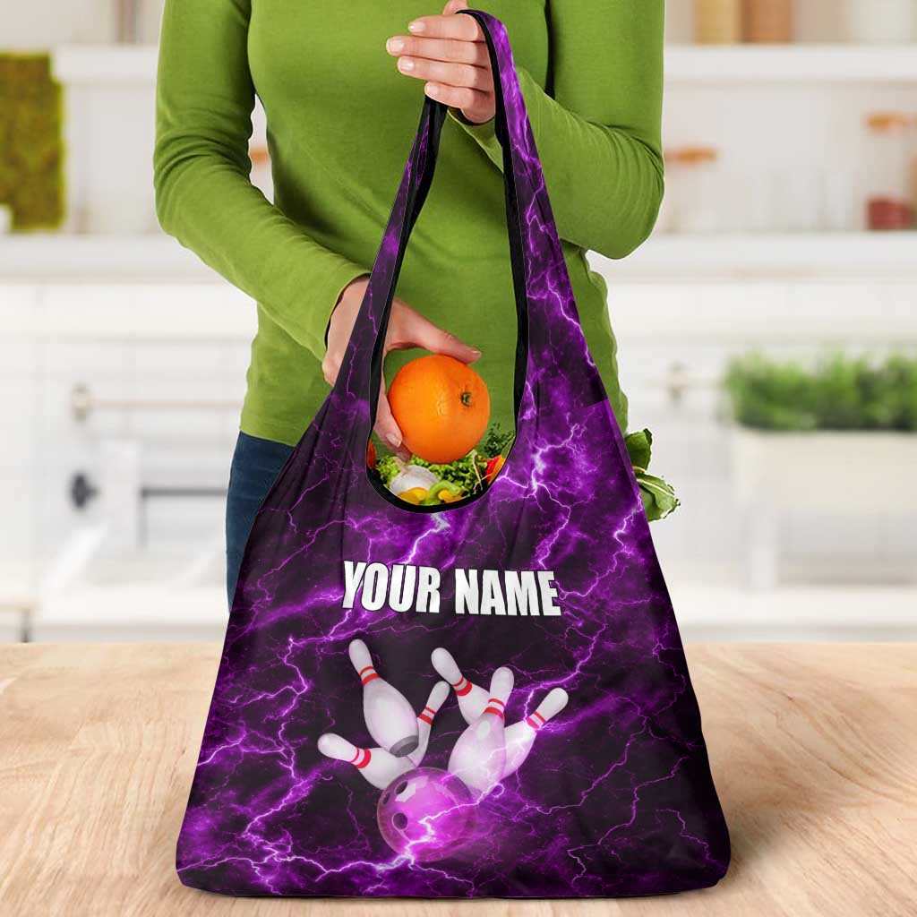 Bowling Ball and Pins Grocery Bag Purple Lightning Background and Custom Name Design - Wonder Print Shop