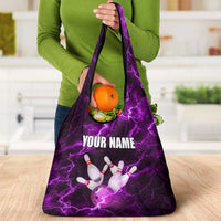 Bowling Ball and Pins Grocery Bag Purple Lightning Background and Custom Name Design - Wonder Print Shop