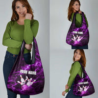 Bowling Ball and Pins Grocery Bag Purple Lightning Background and Custom Name Design - Wonder Print Shop