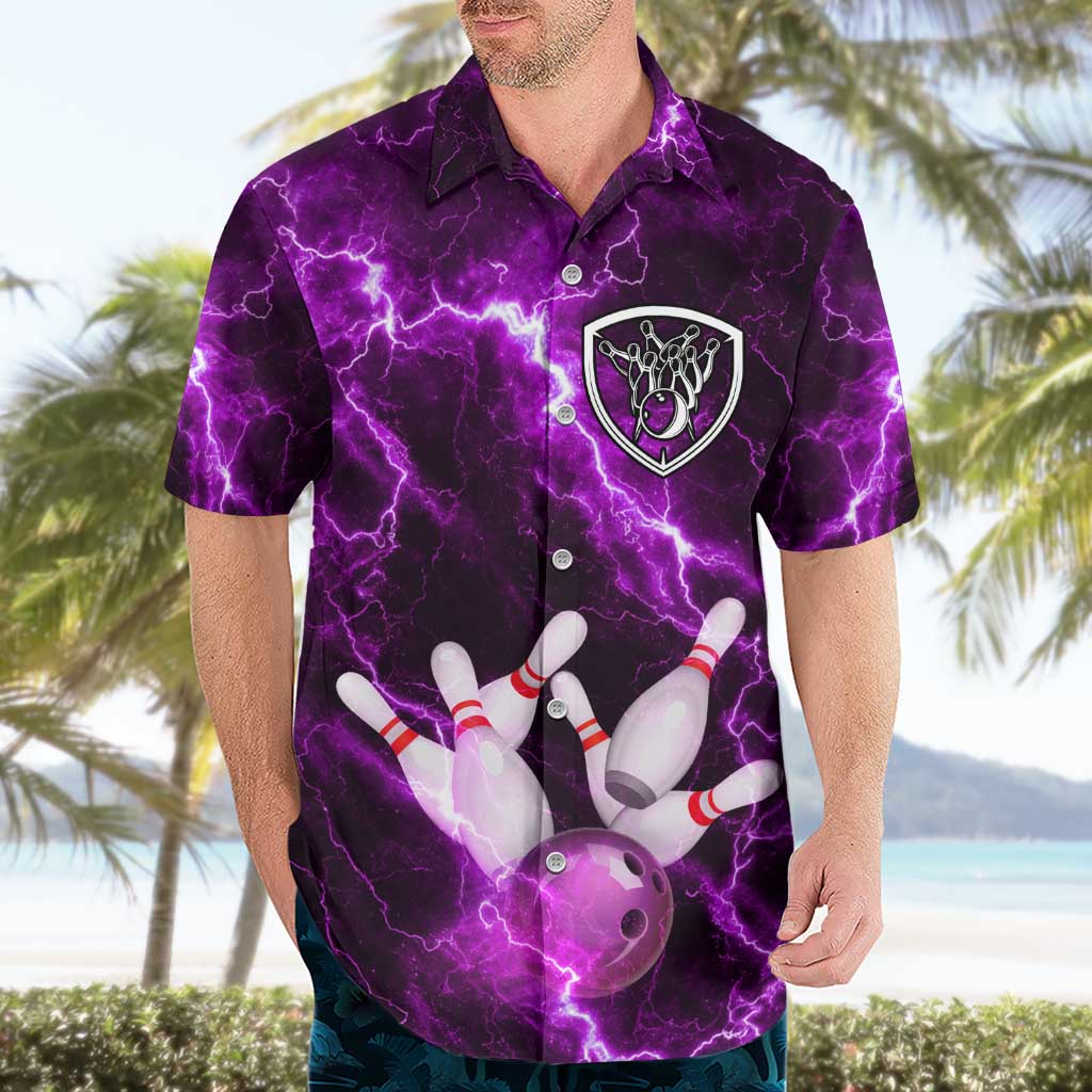 Bowling Ball and Pins Hawaiian Shirt Purple Lightning Background and Custom Name Design - Wonder Print Shop