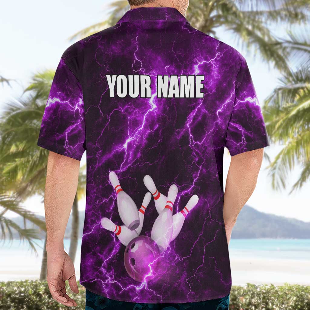 Bowling Ball and Pins Hawaiian Shirt Purple Lightning Background and Custom Name Design - Wonder Print Shop