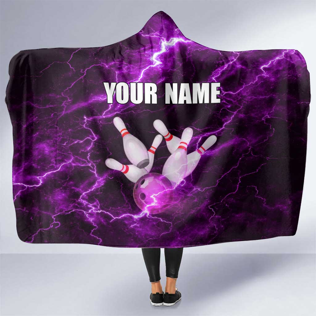 Bowling Ball and Pins Hooded Blanket Purple Lightning Background and Custom Name Design - Wonder Print Shop