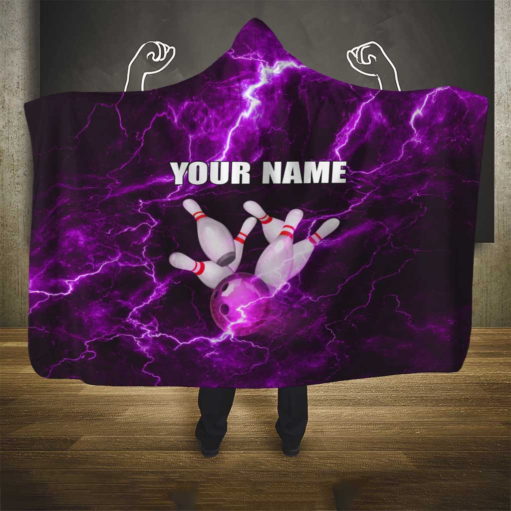 Bowling Ball and Pins Hooded Blanket Purple Lightning Background and Custom Name Design - Wonder Print Shop