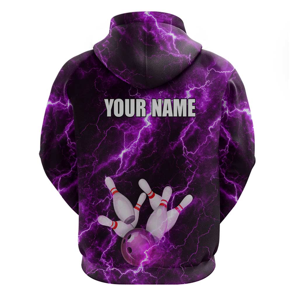 Bowling Ball and Pins Hoodie Purple Lightning Background and Custom Name Design - Wonder Print Shop