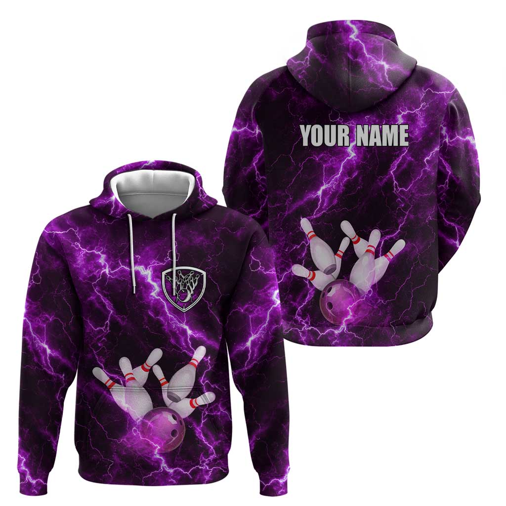 Bowling Ball and Pins Hoodie Purple Lightning Background and Custom Name Design - Wonder Print Shop