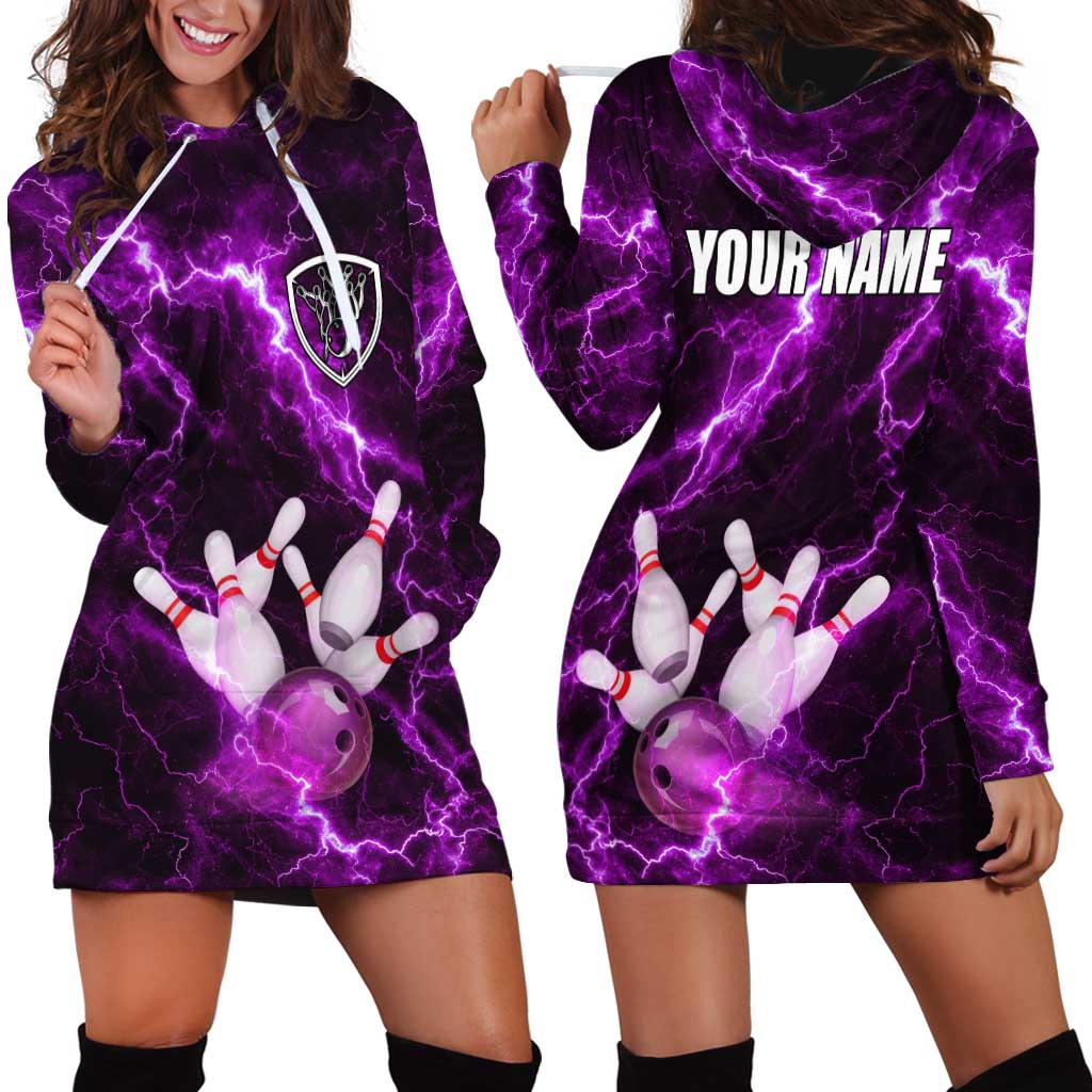 Bowling Ball and Pins Hoodie Dress Purple Lightning Background and Custom Name Design - Wonder Print Shop
