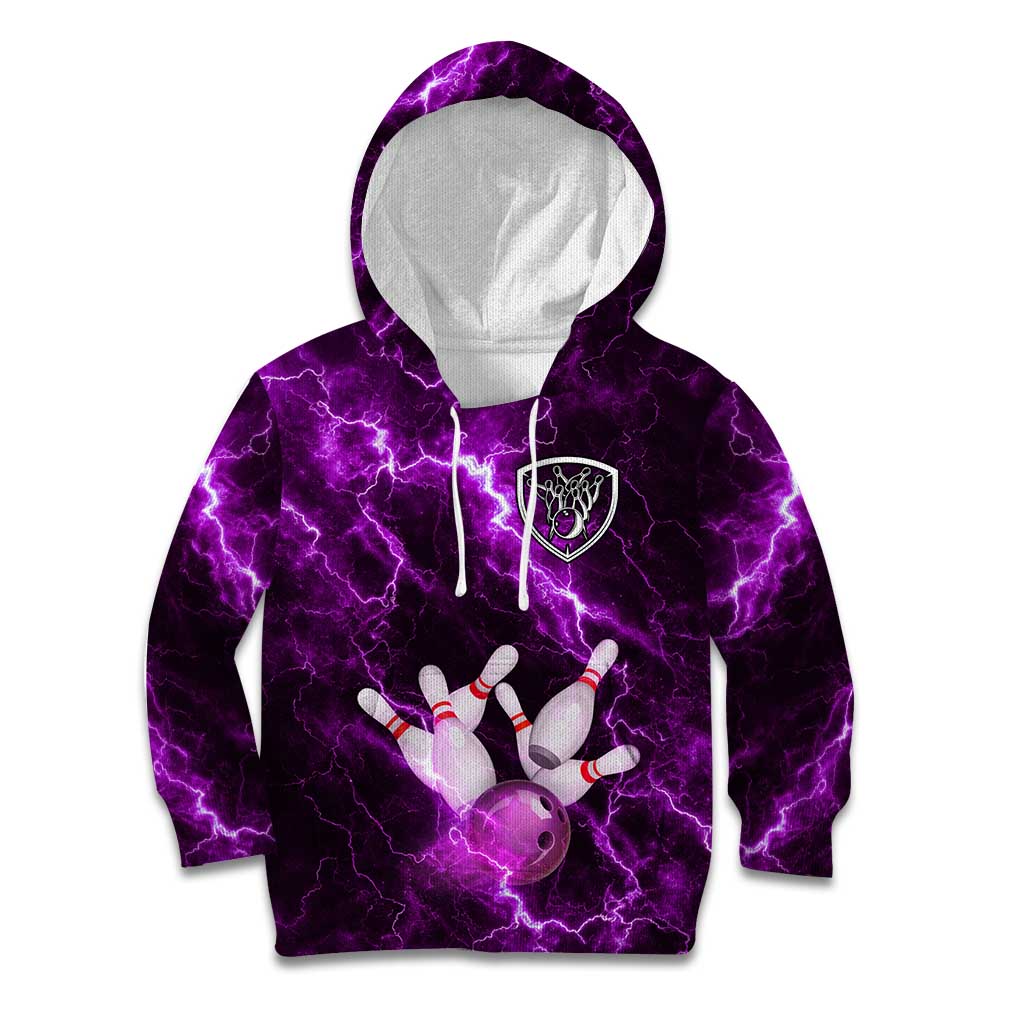 Bowling Ball and Pins Kid Hoodie Purple Lightning Background and Custom Name Design - Wonder Print Shop