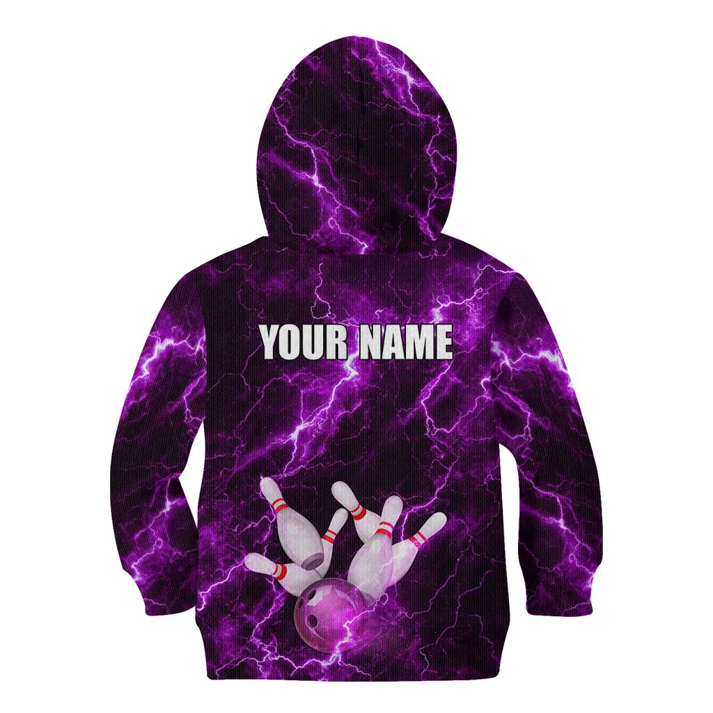 Bowling Ball and Pins Kid Hoodie Purple Lightning Background and Custom Name Design - Wonder Print Shop