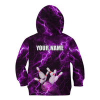 Bowling Ball and Pins Kid Hoodie Purple Lightning Background and Custom Name Design - Wonder Print Shop