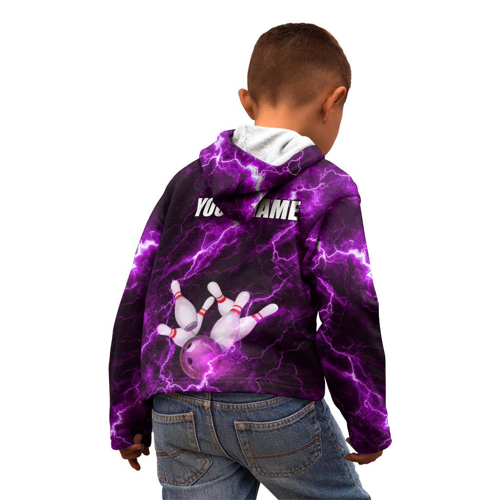 Bowling Ball and Pins Kid Hoodie Purple Lightning Background and Custom Name Design - Wonder Print Shop
