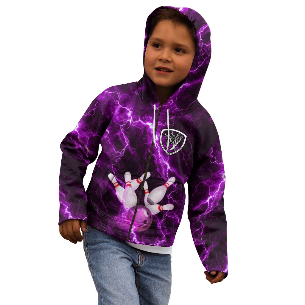 Bowling Ball and Pins Kid Hoodie Purple Lightning Background and Custom Name Design - Wonder Print Shop
