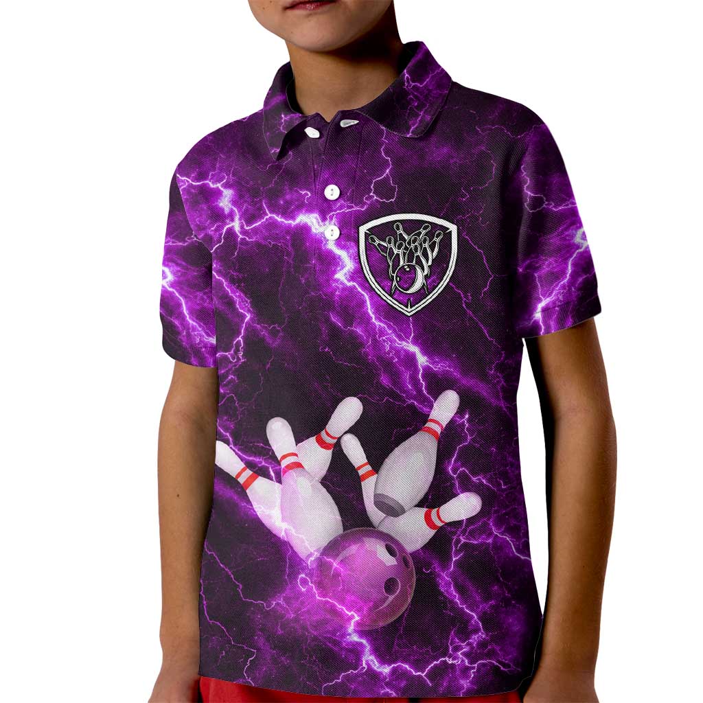 Bowling Ball and Pins Kid Polo Shirt Purple Lightning Background and Custom Name Design - Wonder Print Shop