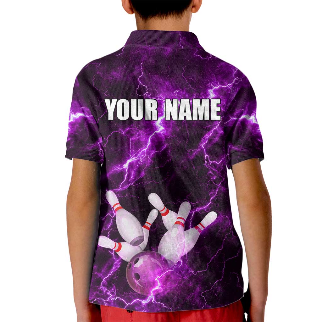 Bowling Ball and Pins Kid Polo Shirt Purple Lightning Background and Custom Name Design - Wonder Print Shop