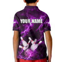 Bowling Ball and Pins Kid Polo Shirt Purple Lightning Background and Custom Name Design - Wonder Print Shop