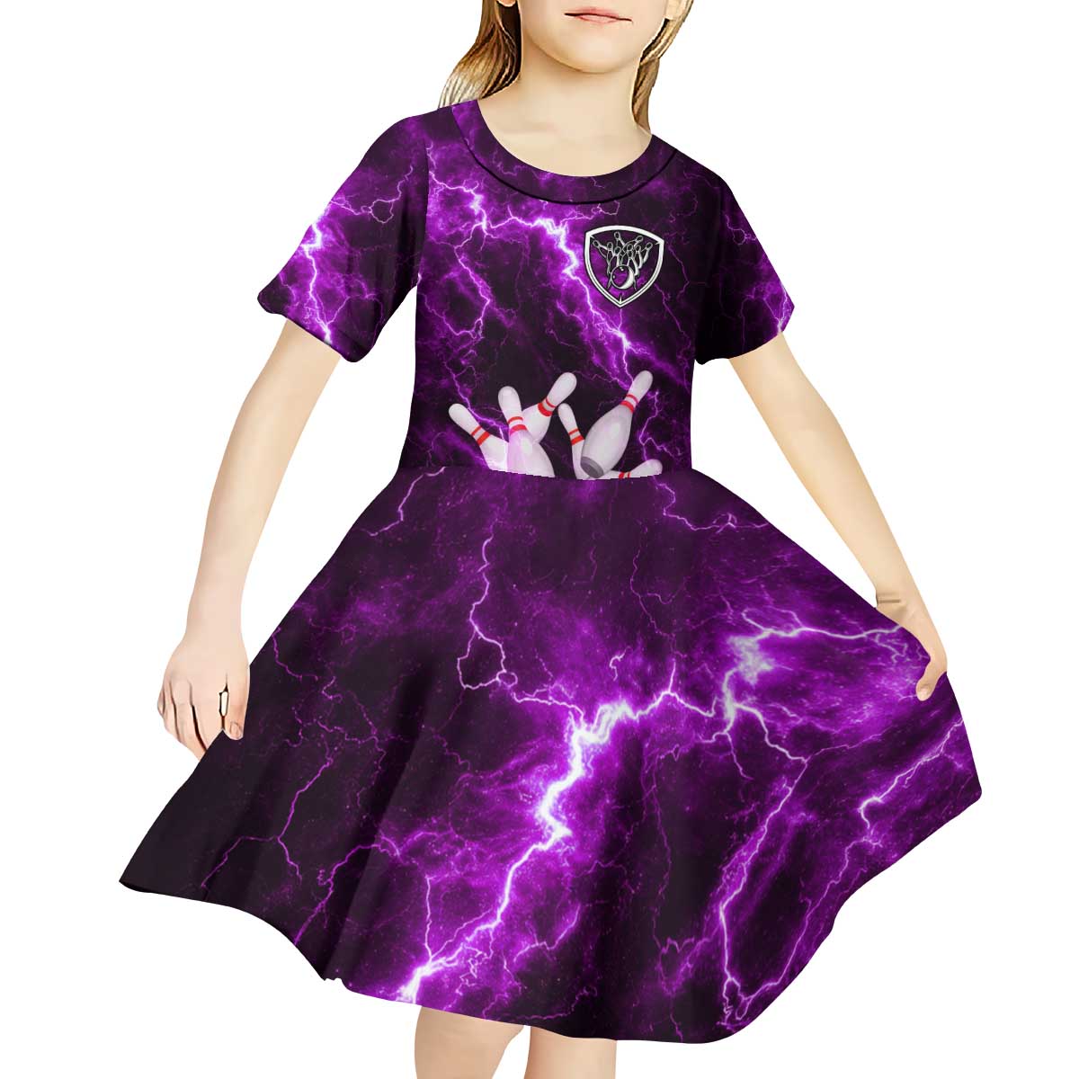 Bowling Ball and Pins Kid Short Sleeve Dress Purple Lightning Background and Custom Name Design - Wonder Print Shop