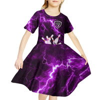 Bowling Ball and Pins Kid Short Sleeve Dress Purple Lightning Background and Custom Name Design - Wonder Print Shop