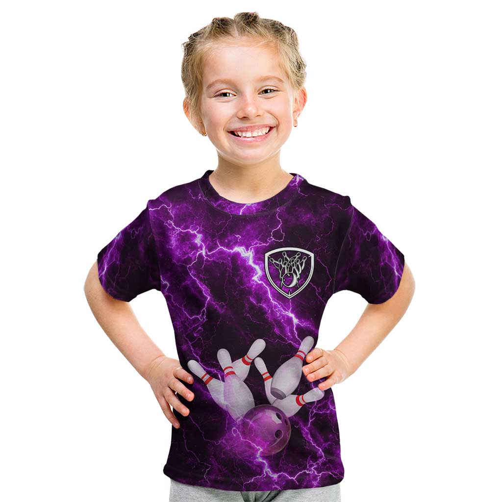 Bowling Ball and Pins Kid T Shirt Purple Lightning Background and Custom Name Design - Wonder Print Shop